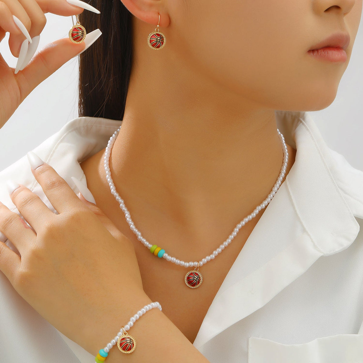 Sports Pearl Necklace, Bracelet & Earring Set