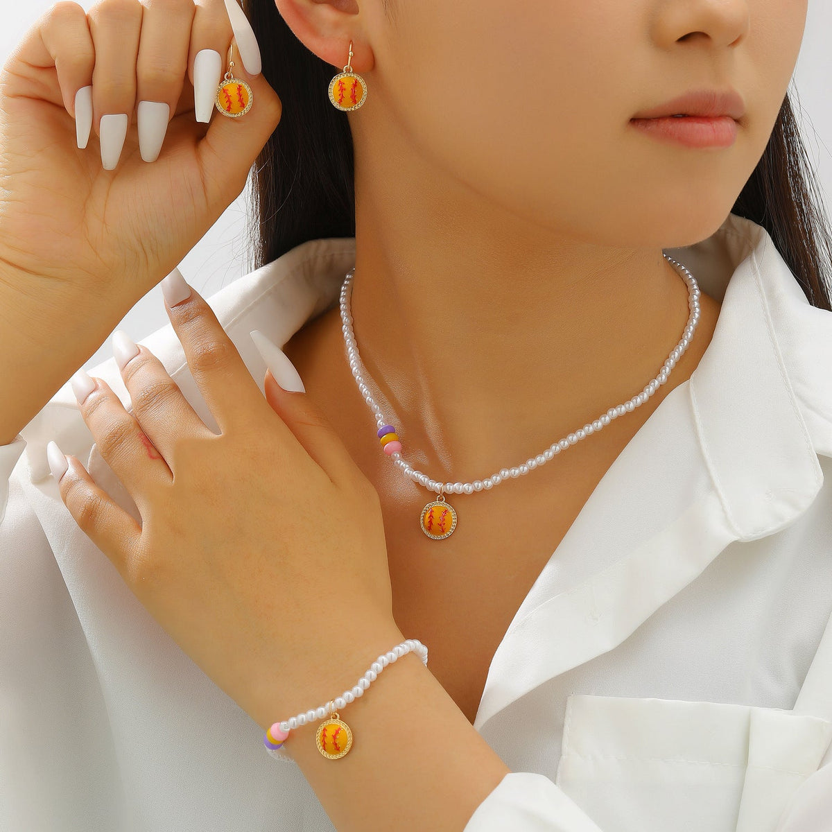 Sports Pearl Necklace, Bracelet & Earring Set