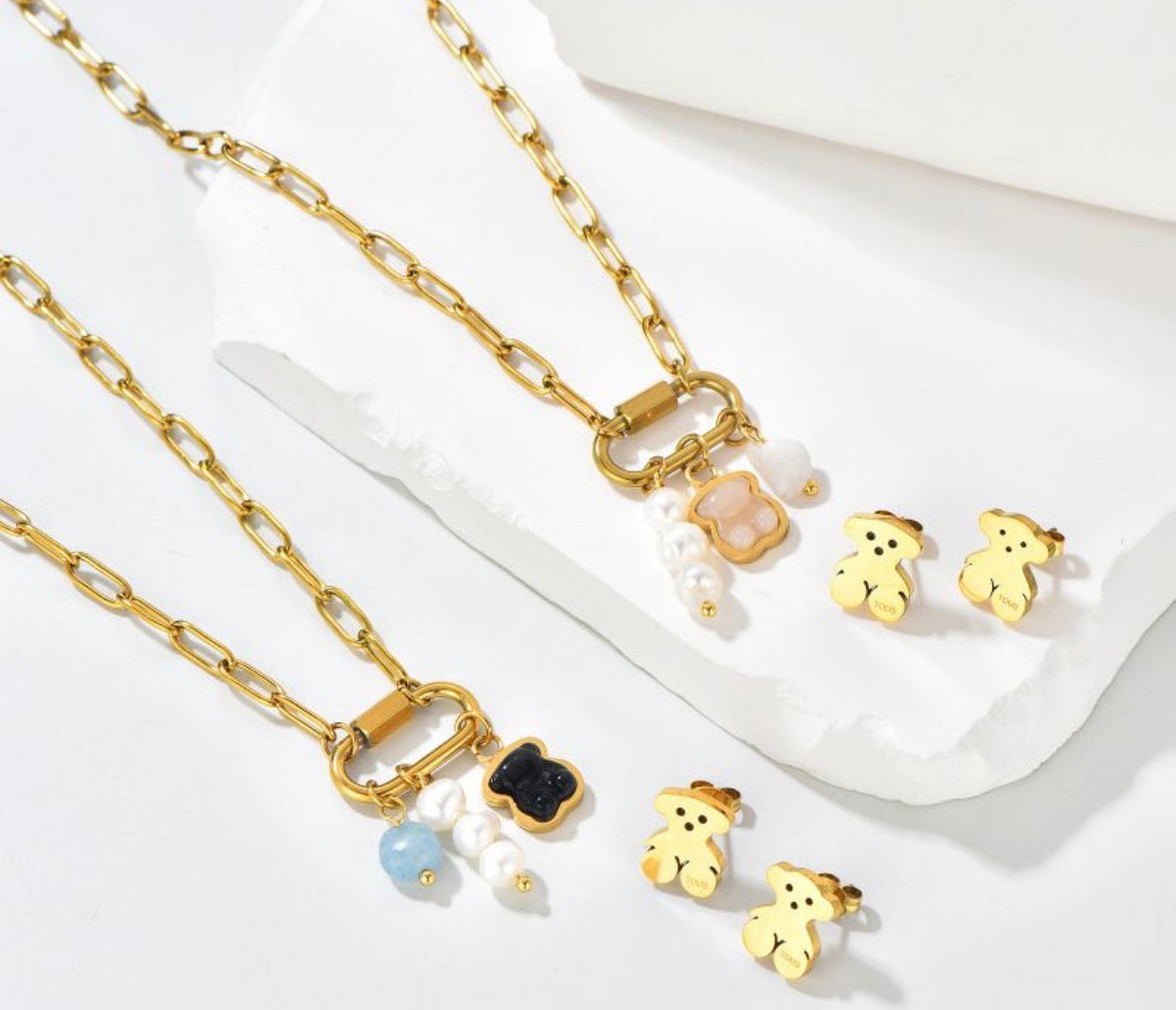 Teddy Charm Necklace & Stud Earrings Set