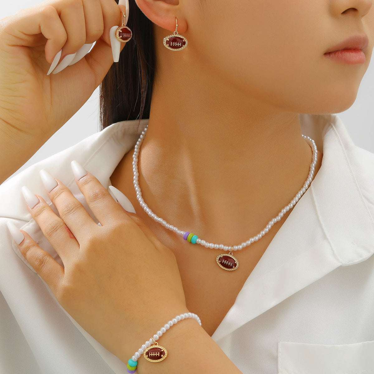 Sports Pearl Necklace, Bracelet & Earring Set
