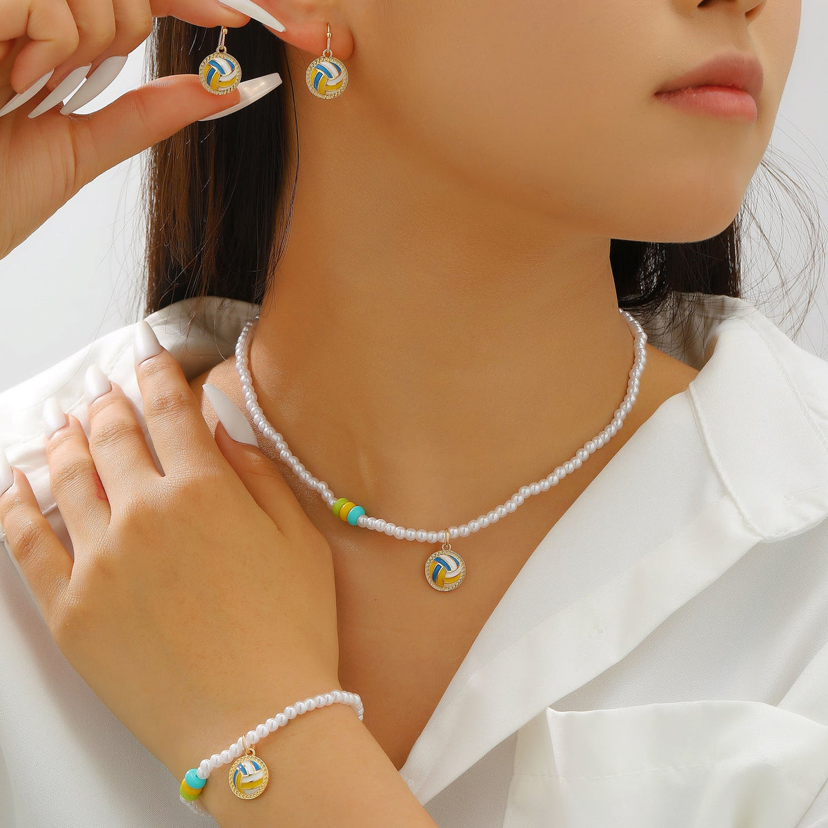 Sports Pearl Necklace, Bracelet & Earring Set