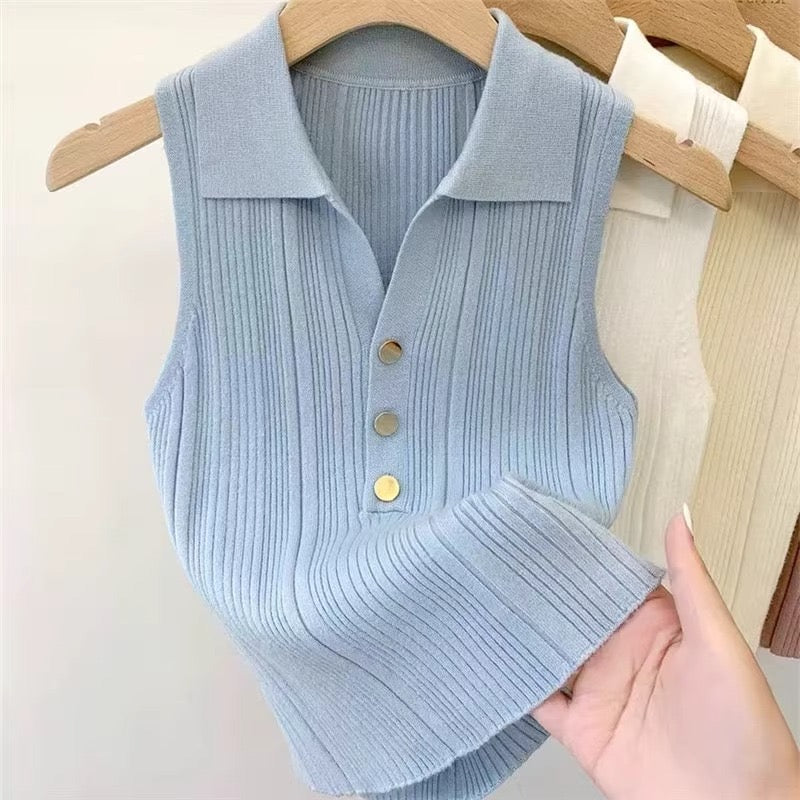 Chic Ribbed Polo Knit Top