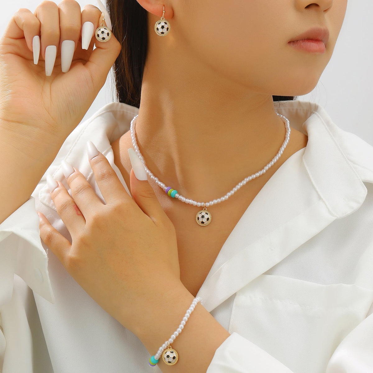 Sports Pearl Necklace, Bracelet & Earring Set