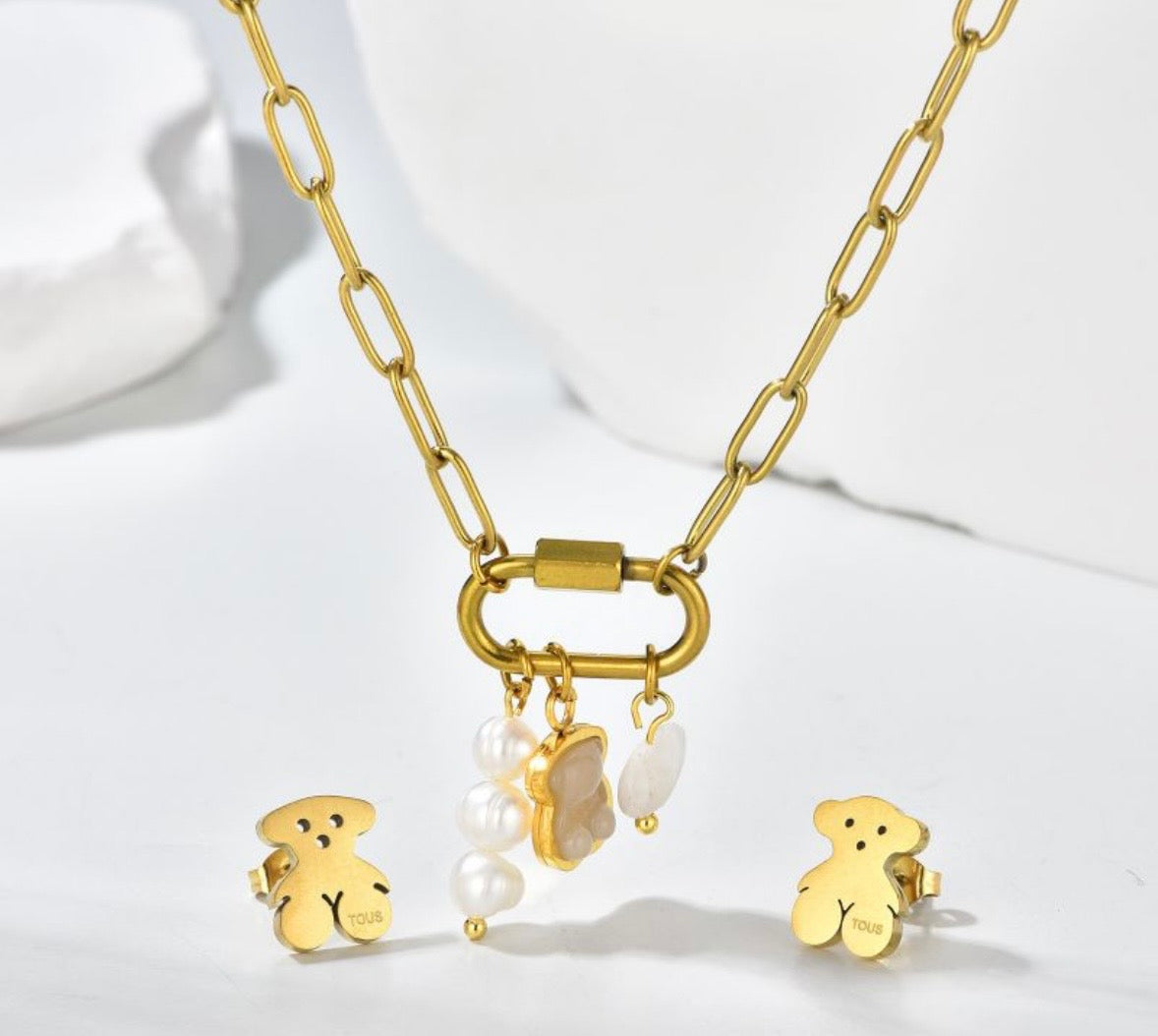 Teddy Charm Necklace & Stud Earrings Set