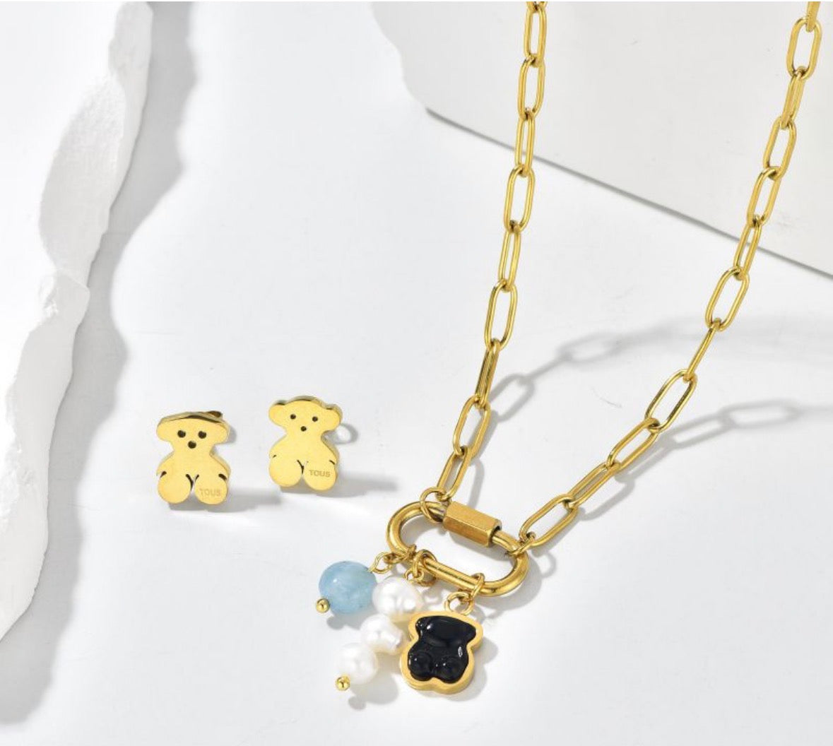 Teddy Charm Necklace & Stud Earrings Set