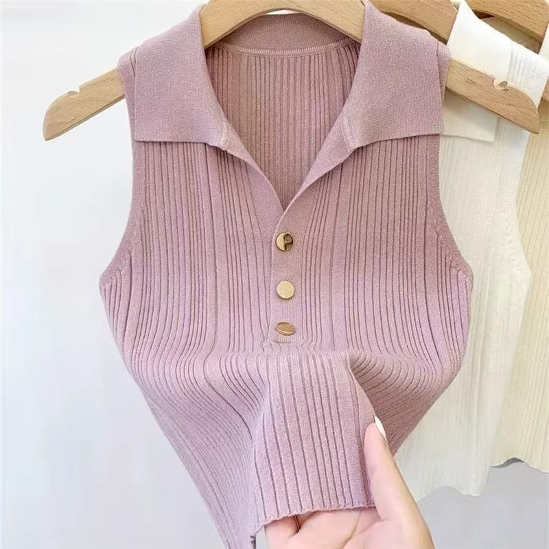 Chic Ribbed Polo Knit Top
